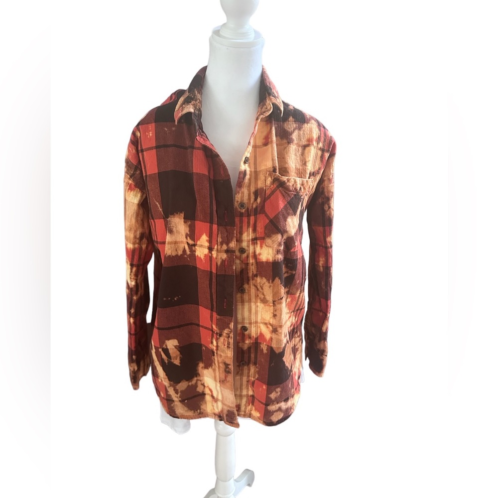 Upcycled DIY Custom Bleached Flannel Shirt‎ size Small (F64)